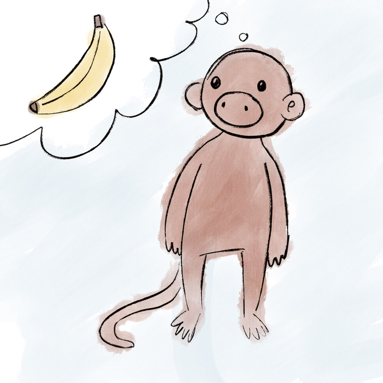 A cartoon monkey thinking about a banana.